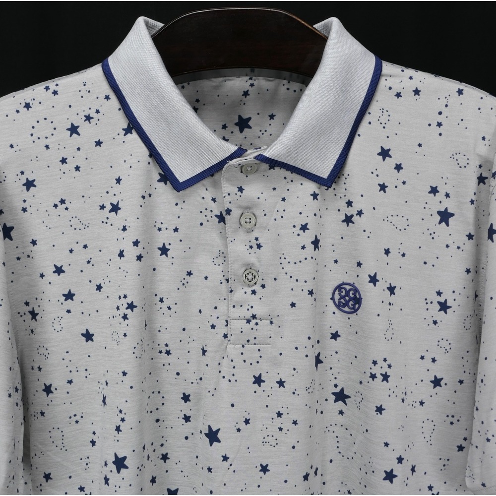 G/FORE Mens L Star AOP Performance Golf Polo Gray Navy Blue Shirt